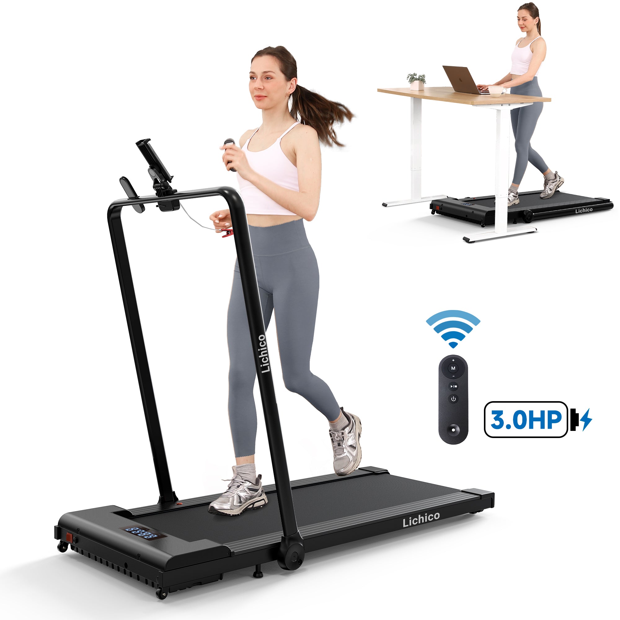 Lichico 2 in 1 Under Desk Treadmill, Walking Pad 3.0HP Brushless Motor 0.5-8.7MPH Foldable Walking Treadmill with APP Remote, Larger Running Belt, 2s Folding Treadmill for Home