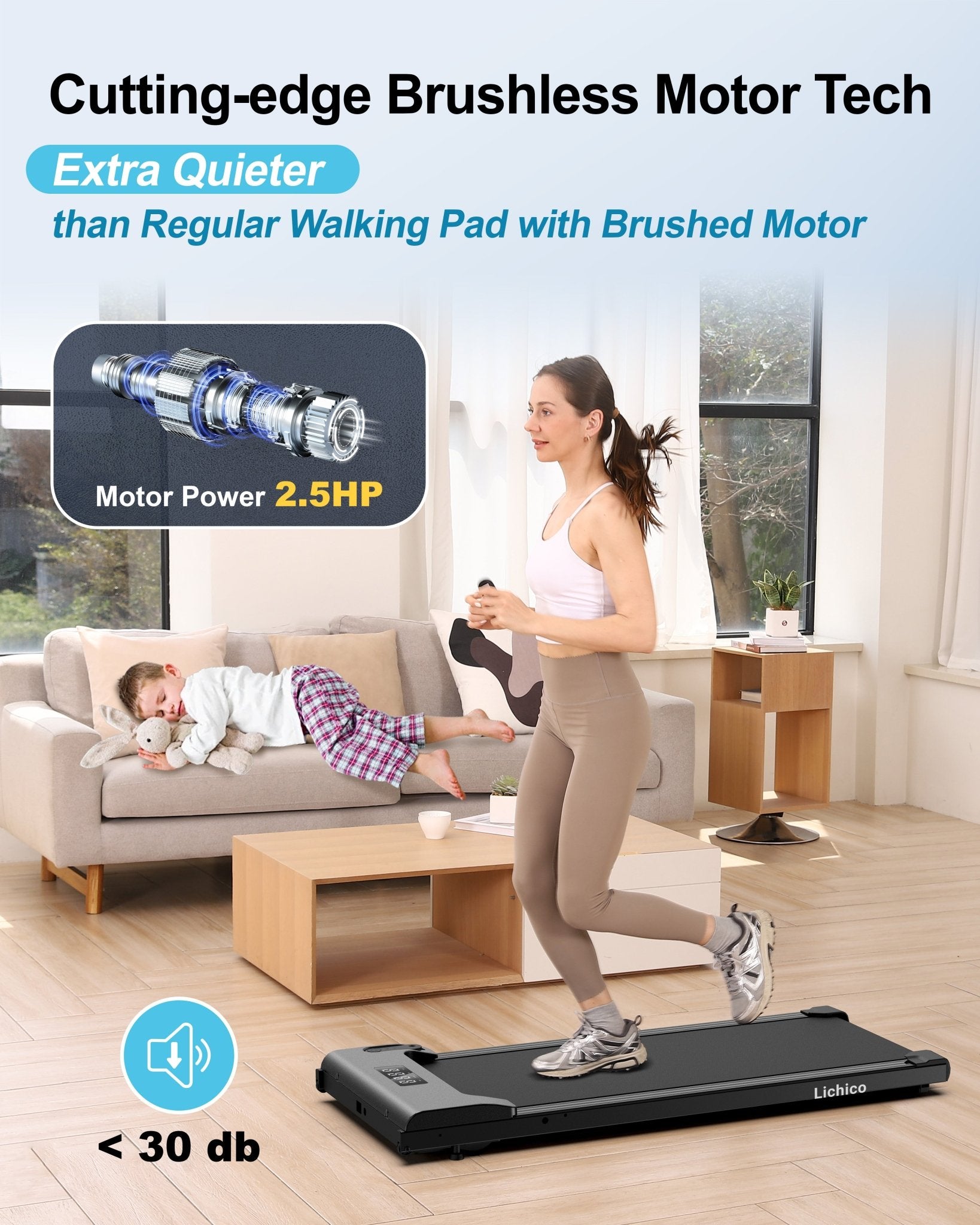 Lichico Walking Pad Under Desk Treadmill with Remote Control and LED for Home/Office, 2.5HP Brushless Motorized Compact Walking Jogging Machine Portable Treadmill with 0.5-4 MPH Speed Range