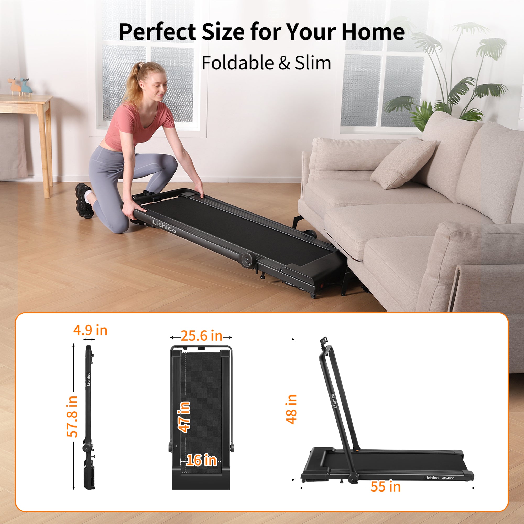 Lichico 2 in 1 Under Desk Treadmill, Walking Pad 3.0HP Brushless Motor 0.5-8.7MPH Foldable Walking Treadmill with APP Remote, Larger Running Belt, 2s Folding Treadmill for Home